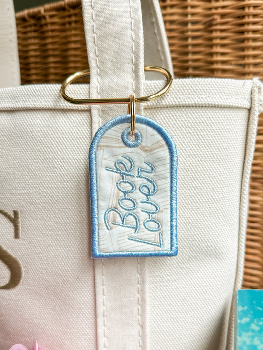 Book Lover Embroidered Keychain, Bookish Bag Charm, Embroidered Bag Tag, Bookworm Gift, Reader Gift, Book Club Gift, Oval  Carabiner Clip