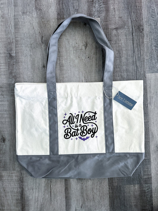 ALL I NEED IS A BAT BOY EMBROIDERED BOOK TOTE