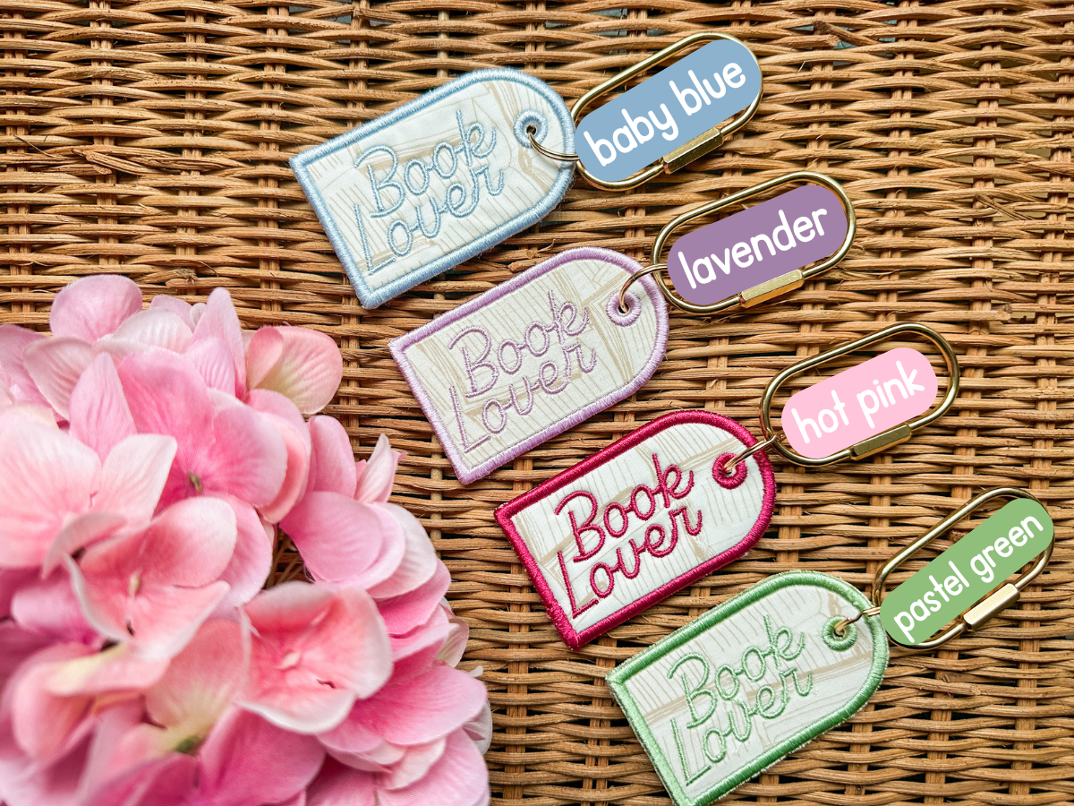Book Lover Embroidered Keychain, Bookish Bag Charm, Embroidered Bag Tag, Bookworm Gift, Reader Gift, Book Club Gift, Oval  Carabiner Clip