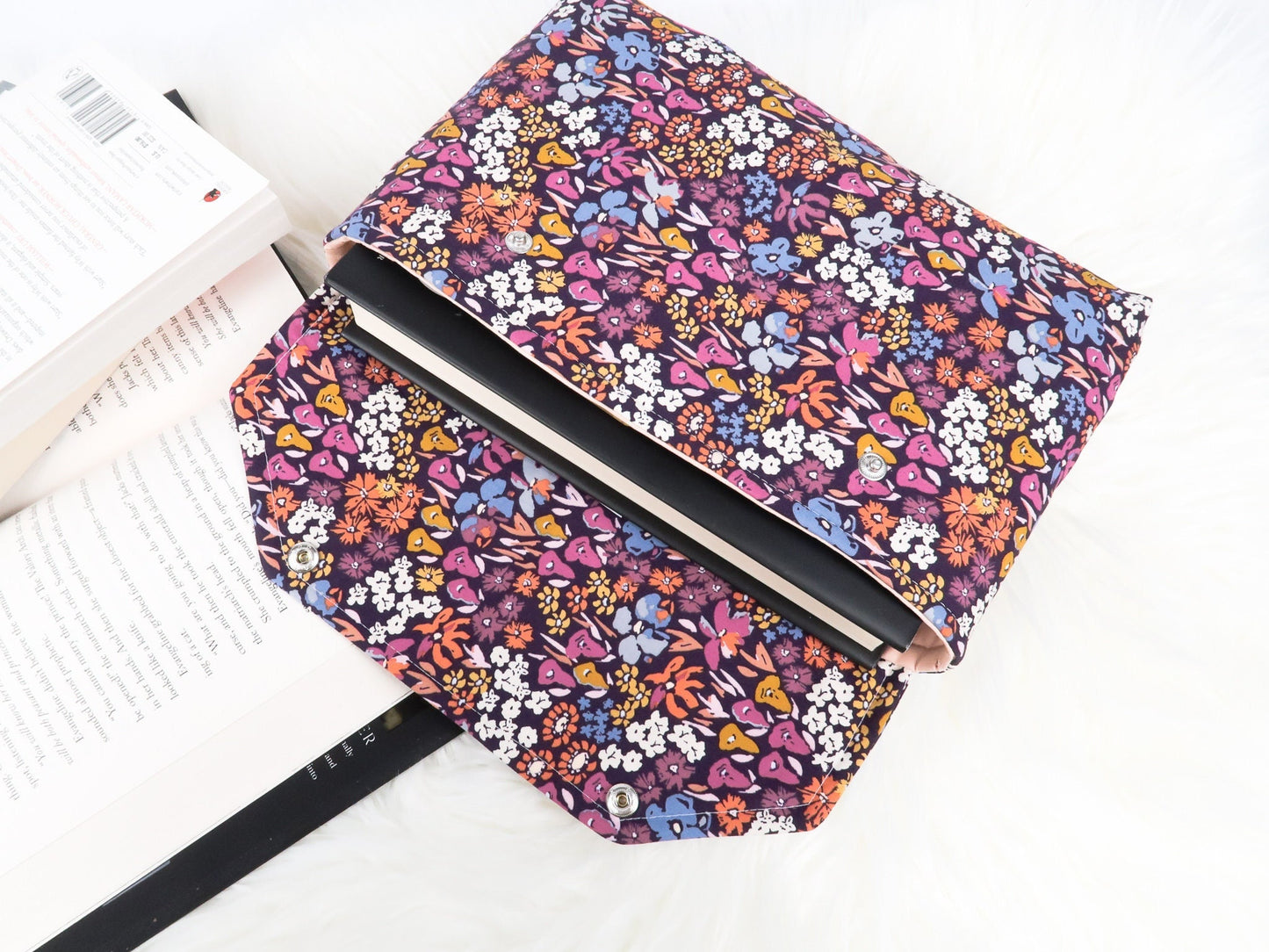Full cover Protective Book Sleeve With Snap Closure, Purple Floral Fabric Kindle Sleeve, Padded Envelope Book Pouch Accessory Handmade Gift
