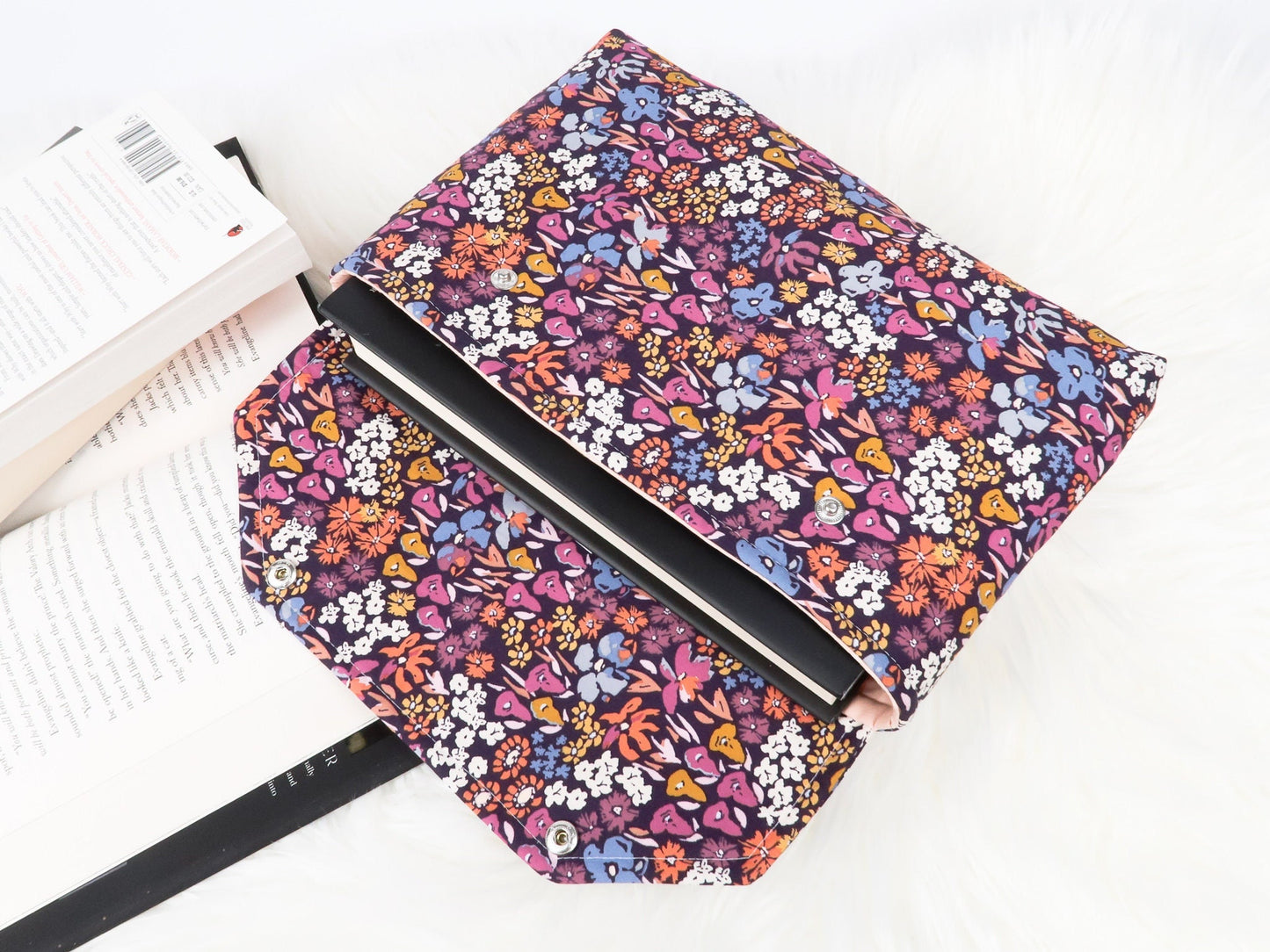 Full cover Protective Book Sleeve With Snap Closure, Purple Floral Fabric Kindle Sleeve, Padded Envelope Book Pouch Accessory Handmade Gift