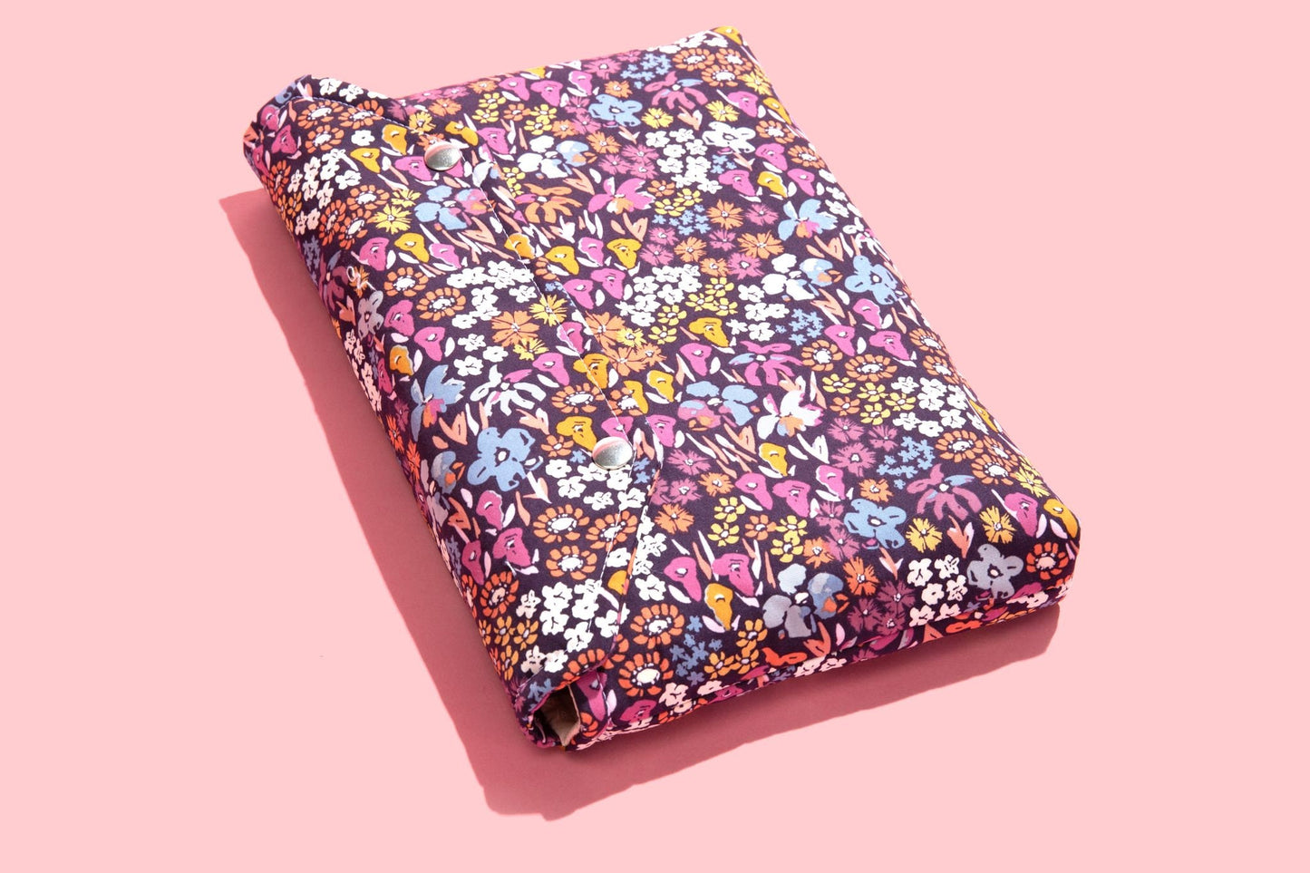 Full cover Protective Book Sleeve With Snap Closure, Purple Floral Fabric Kindle Sleeve, Padded Envelope Book Pouch Accessory Handmade Gift