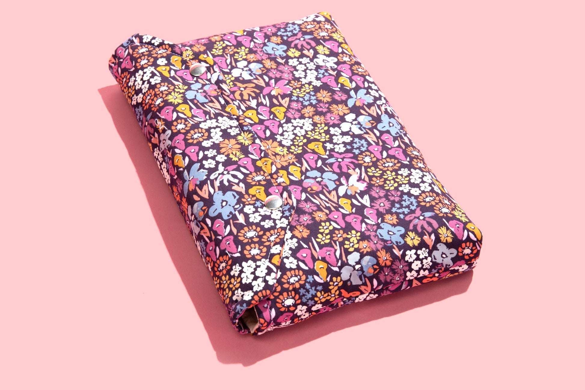 Full cover Protective Book Sleeve With Snap Closure, Purple Floral Fabric Kindle Sleeve, Padded Envelope Book Pouch Accessory Handmade Gift