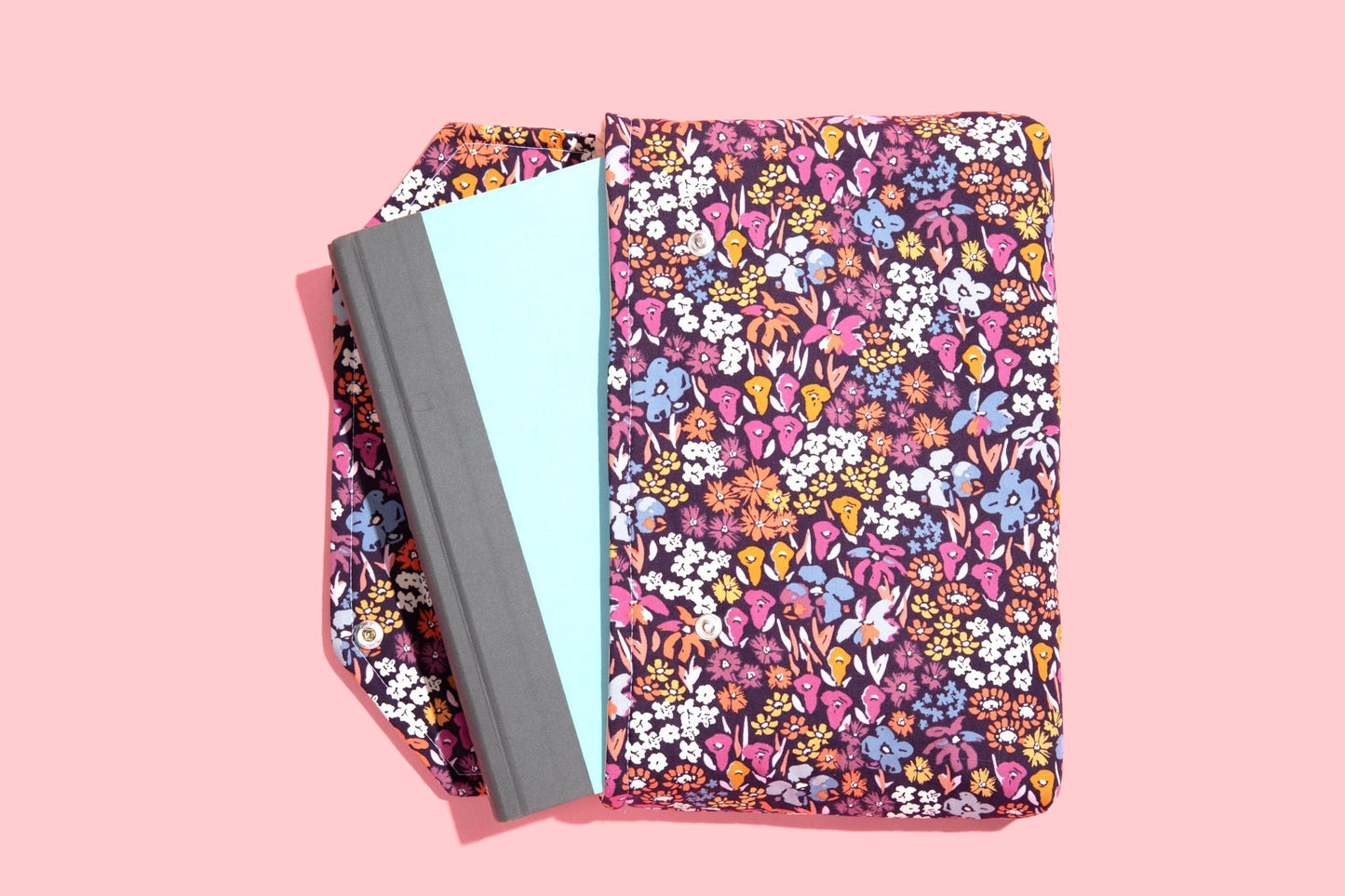 Full cover Protective Book Sleeve With Snap Closure, Purple Floral Fabric Kindle Sleeve, Padded Envelope Book Pouch Accessory Handmade Gift