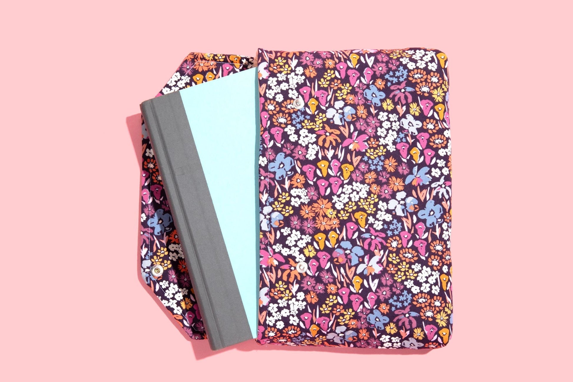 Full cover Protective Book Sleeve With Snap Closure, Purple Floral Fabric Kindle Sleeve, Padded Envelope Book Pouch Accessory Handmade Gift