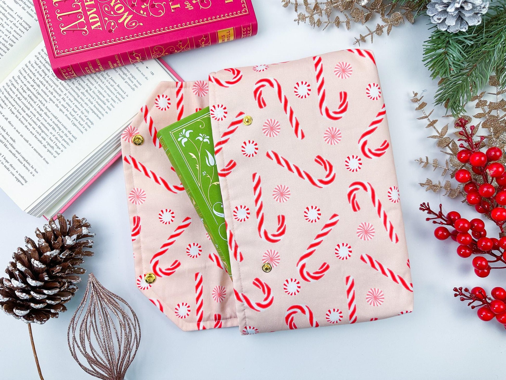 Protective envelope booksleeve with snap closure Full coverage book sleeve with padding Protective kindle case winter candy cane christmas