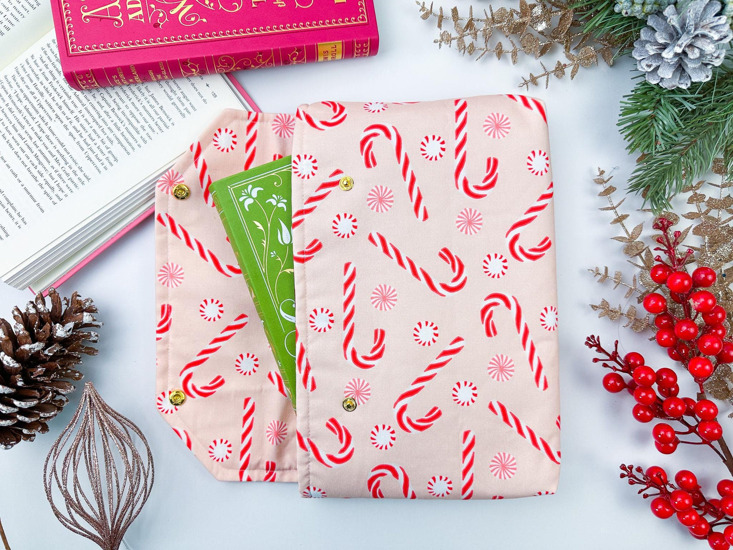 Protective envelope booksleeve with snap closure Full coverage book sleeve with padding Protective kindle case winter candy cane christmas