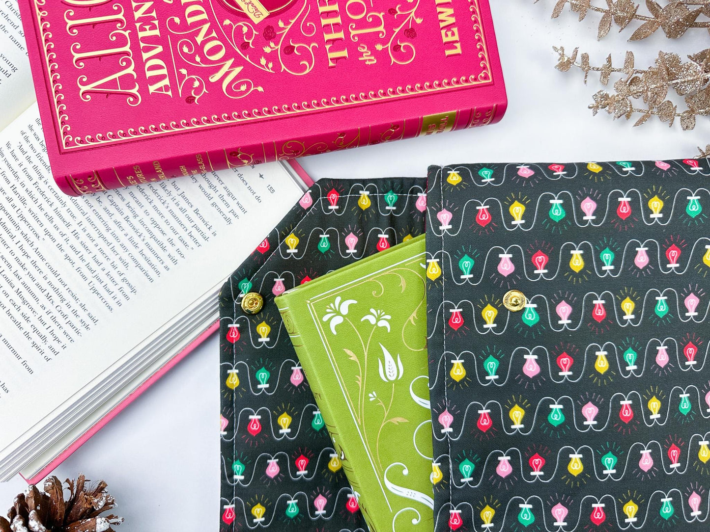 Protective envelope booksleeve with snap closure Full coverage book sleeve with padding Protective kindle case for winter holiday lights