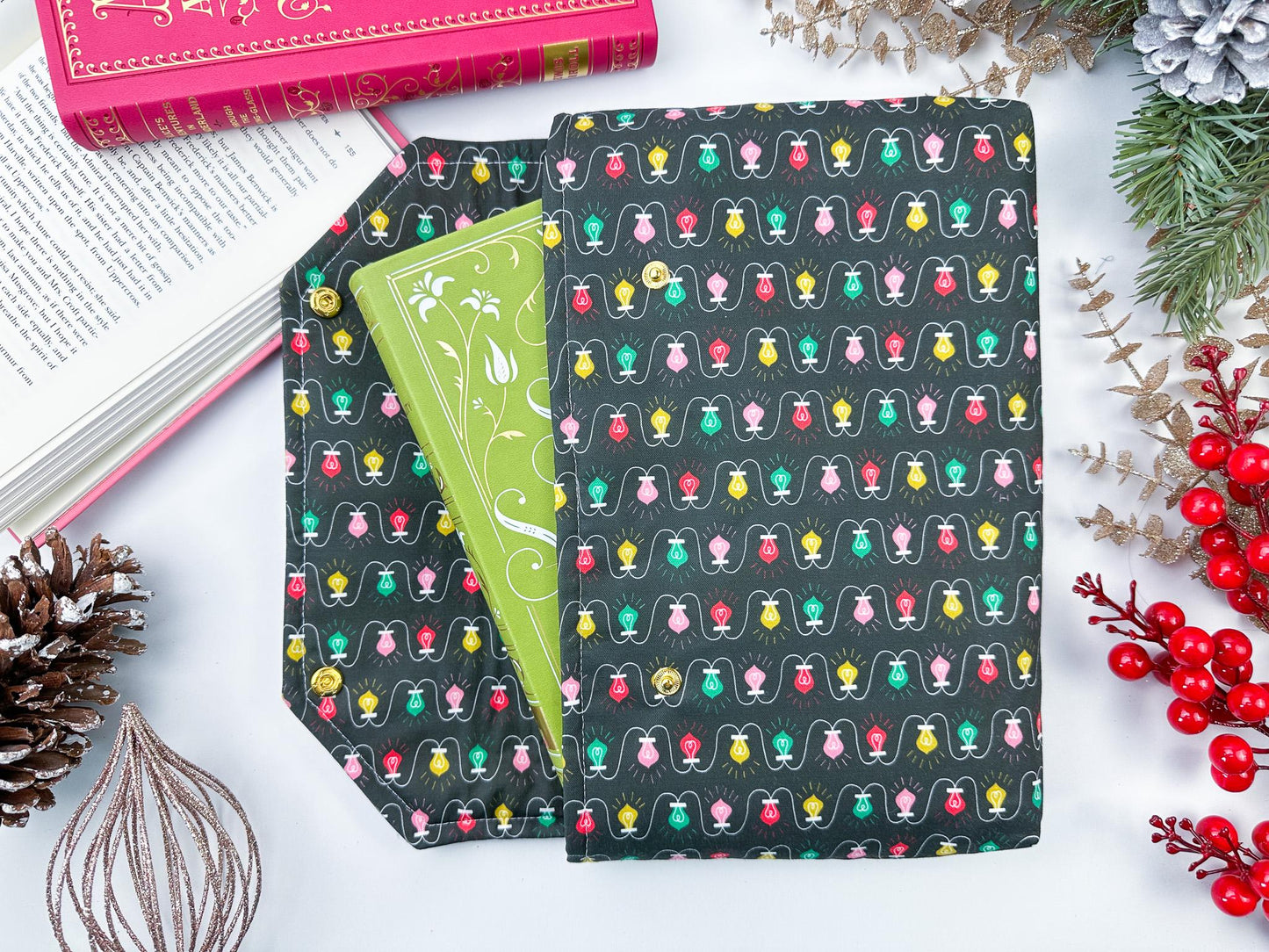 Protective envelope booksleeve with snap closure Full coverage book sleeve with padding Protective kindle case for winter holiday lights