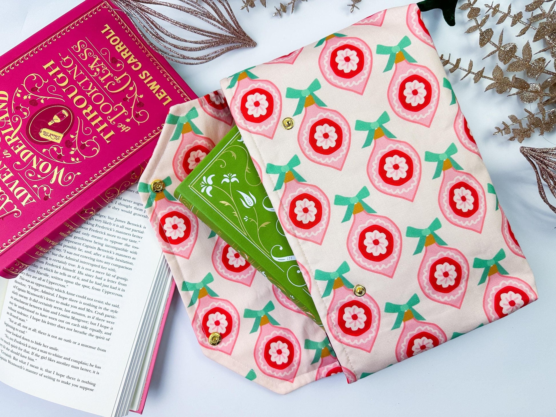 Protective envelope booksleeve with snap closure Full coverage book sleeve with padding Protective kindle case for winter ornament christmas