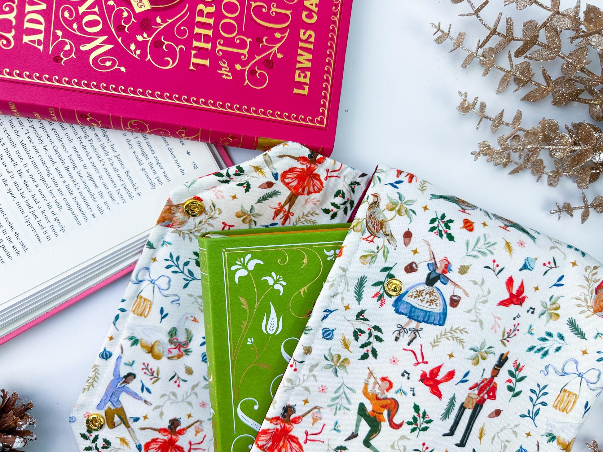 Protective envelope booksleeve with snap closure Full coverage book sleeve with padding Protective kindle case 12 days christmas nutcracker