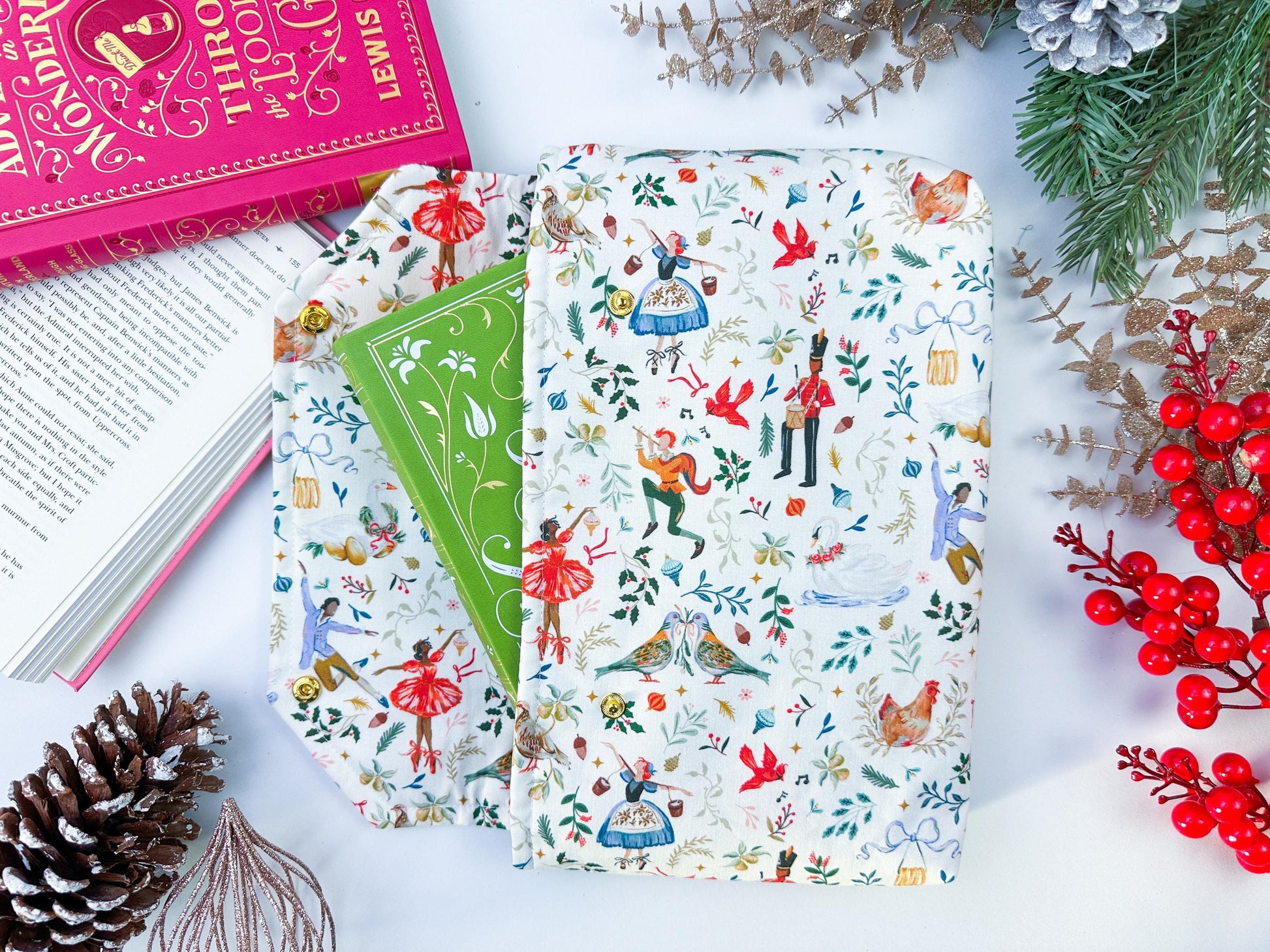 Protective envelope booksleeve with snap closure Full coverage book sleeve with padding Protective kindle case 12 days christmas nutcracker