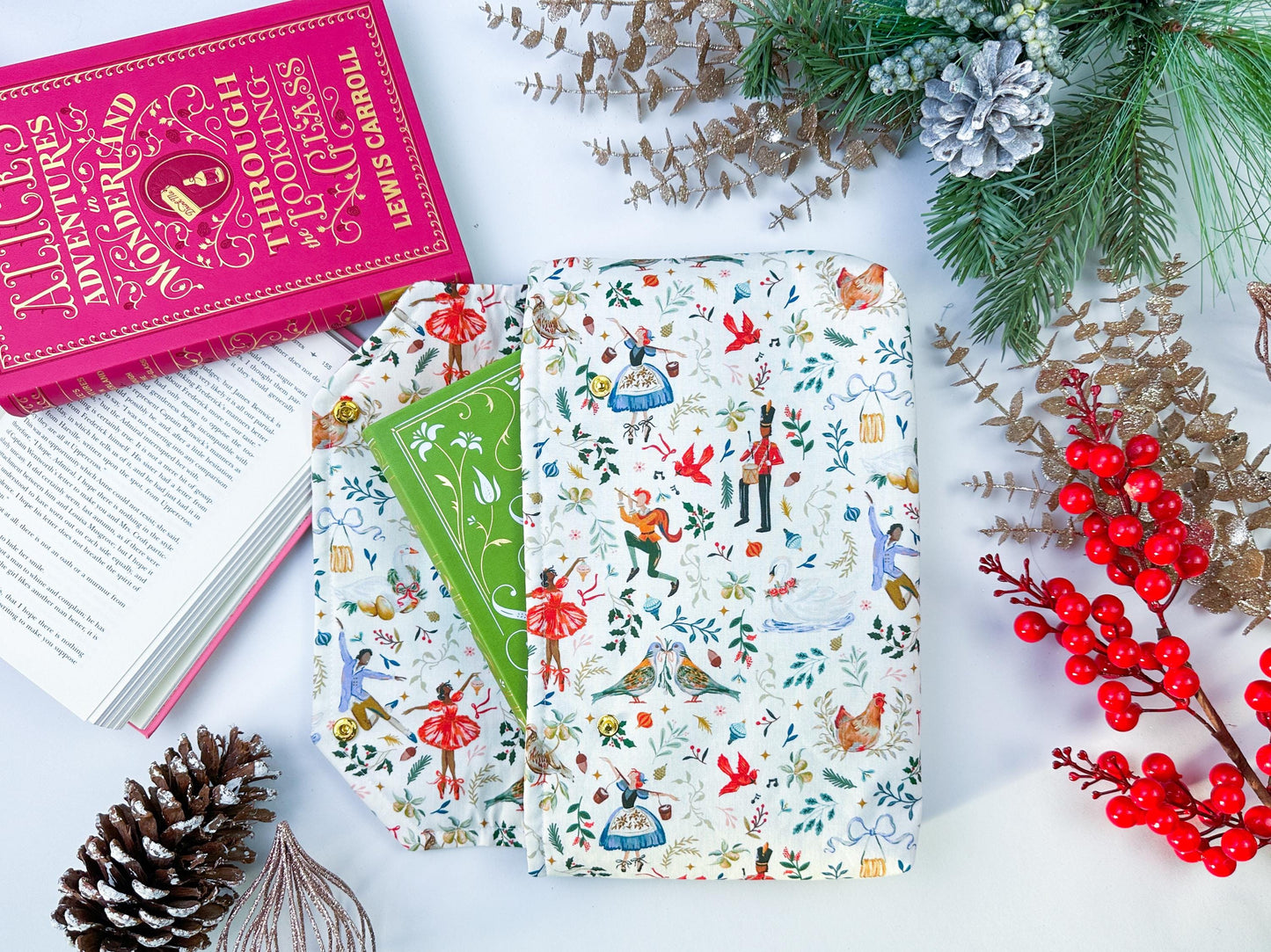 Protective envelope booksleeve with snap closure Full coverage book sleeve with padding Protective kindle case 12 days christmas nutcracker