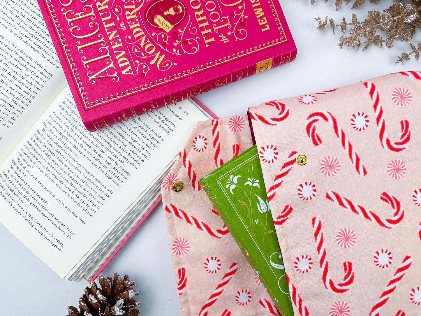 Protective envelope booksleeve with snap closure Full coverage book sleeve with padding Protective kindle case winter candy cane christmas