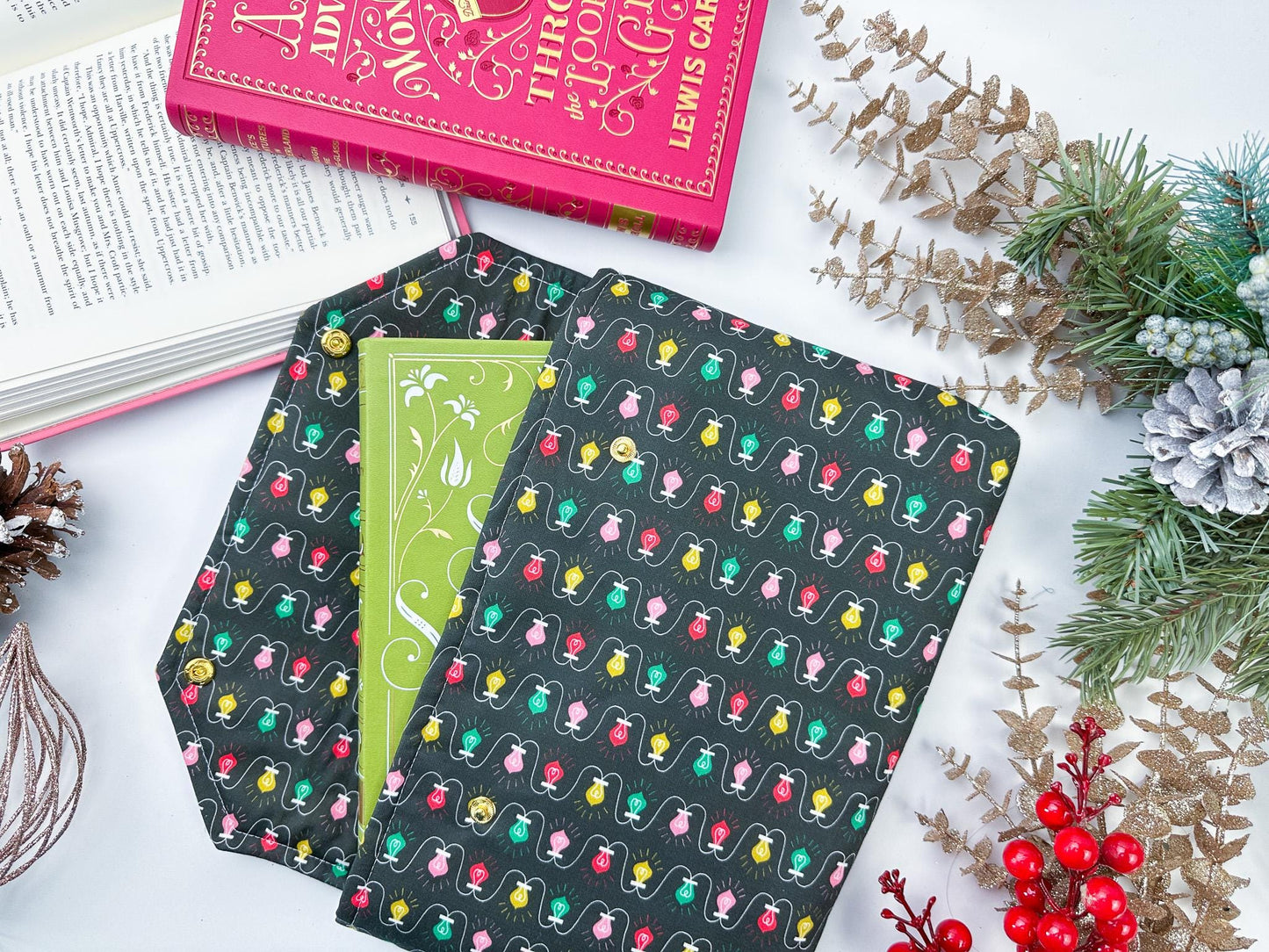 Protective envelope booksleeve with snap closure Full coverage book sleeve with padding Protective kindle case for winter holiday lights