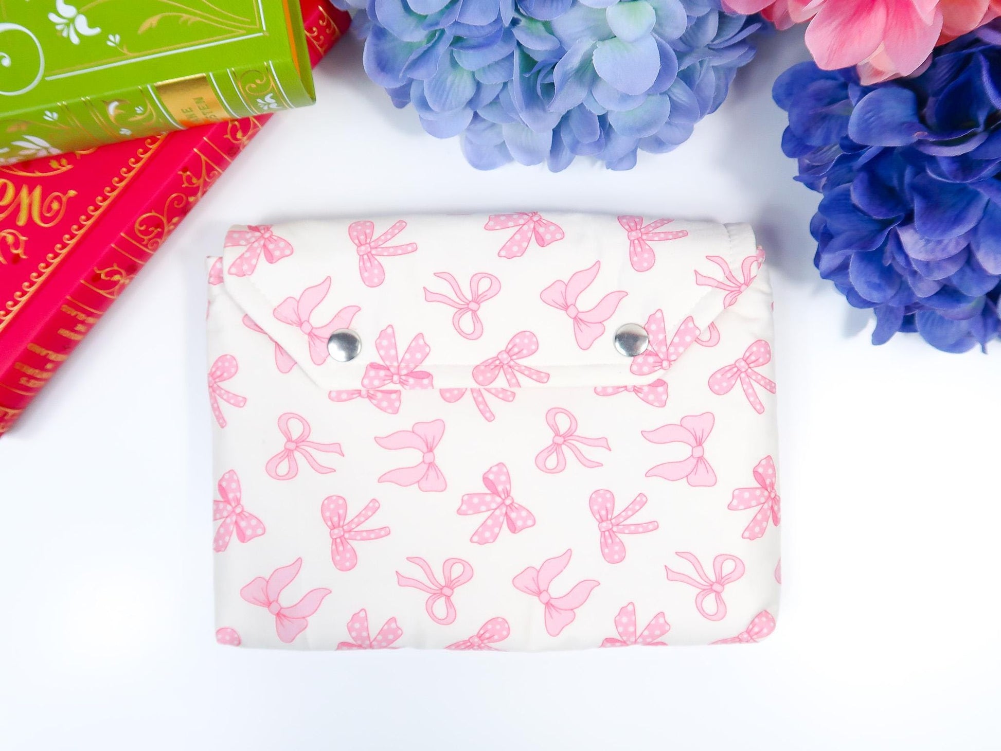 Protective padded book sleeve with secure double snap closure. Kindle Sleeve, Paperwhite, Oasis, Colorsoft, EReader Coquette pink bow