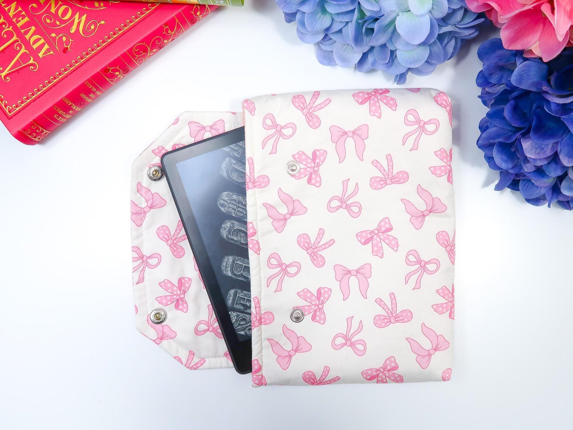 Protective padded book sleeve with secure double snap closure. Kindle Sleeve, Paperwhite, Oasis, Colorsoft, EReader Coquette pink bow