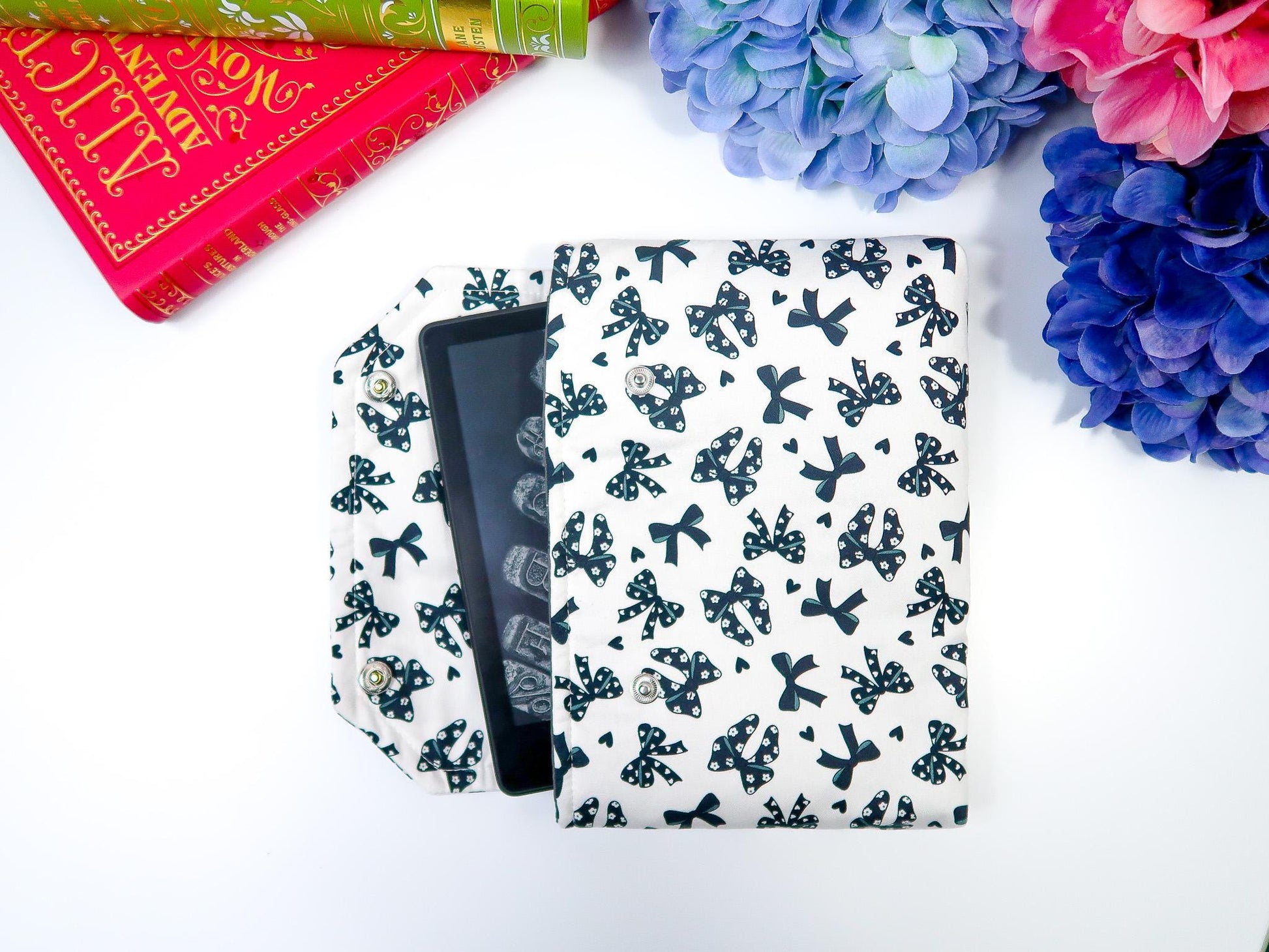 Protective padded book sleeve with secure double snap closure. Kindle Sleeve, Paperwhite, Oasis, Colorsoft, EReader Coquette black goth bow