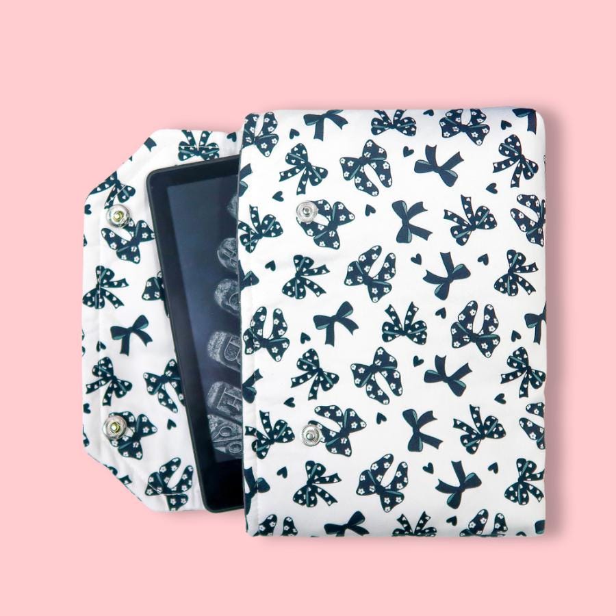 Protective padded book sleeve with secure double snap closure. Kindle Sleeve, Paperwhite, Oasis, Colorsoft, EReader Coquette black goth bow