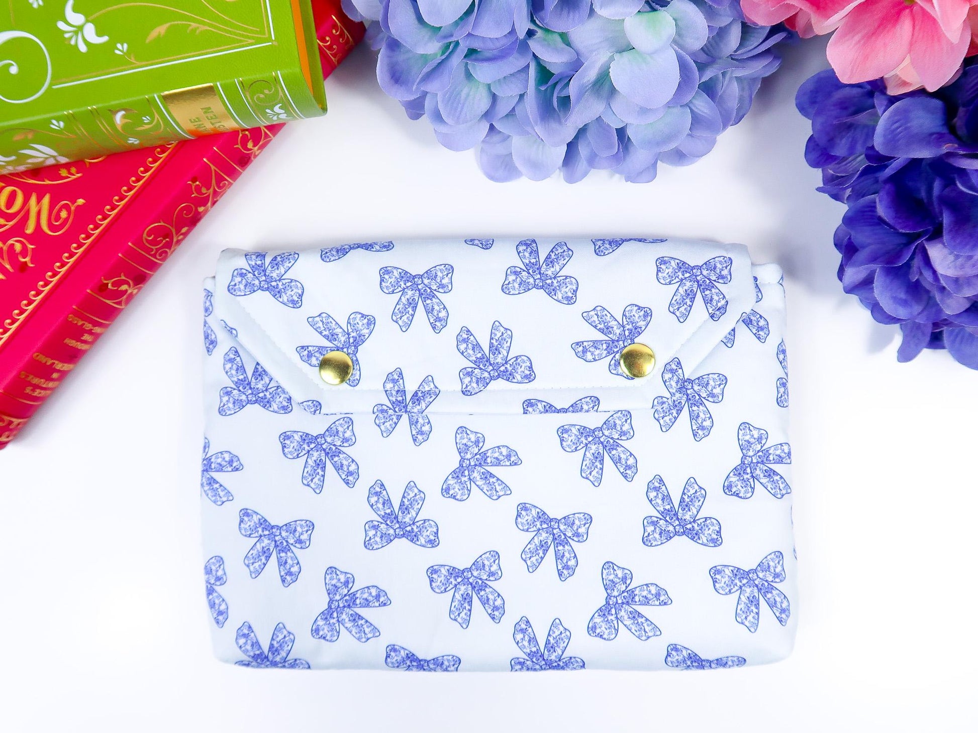 Protective padded book sleeve secure double snap closure. Kindle Sleeve, Paperwhite, Oasis, Colorsoft, EReader Coquette blue bow chinoiserie