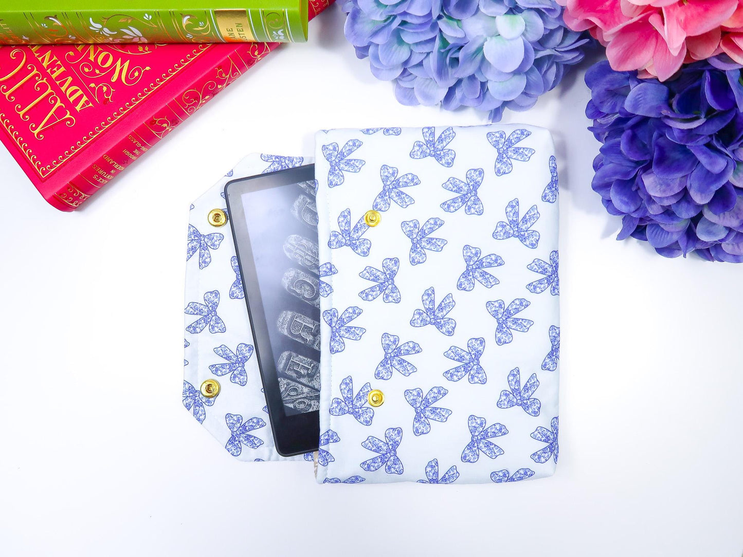 Protective padded book sleeve secure double snap closure. Kindle Sleeve, Paperwhite, Oasis, Colorsoft, EReader Coquette blue bow chinoiserie