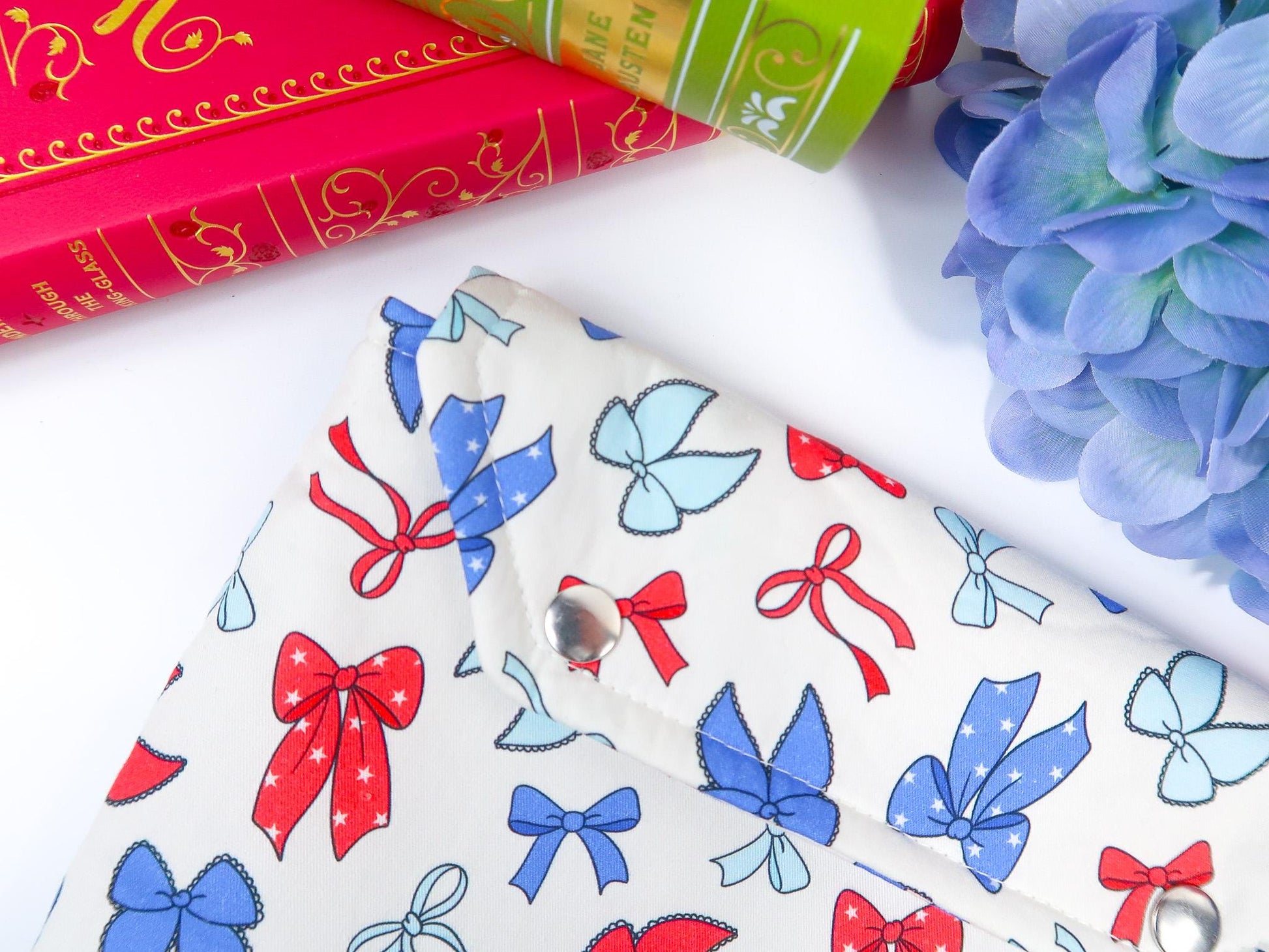 Protective padded book sleeve secure double snap closure. Kindle Sleeve, Paperwhite Oasis, Colorsoft, EReader Coquette red blue bow american