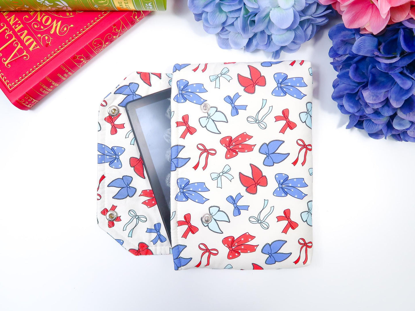 Protective padded book sleeve secure double snap closure. Kindle Sleeve, Paperwhite Oasis, Colorsoft, EReader Coquette red blue bow american