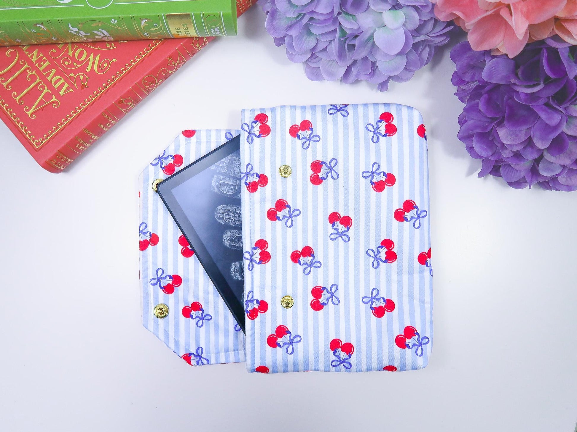 Protective padded book sleeve secure double snap closure. Kindle Sleeve, Paperwhite Oasis, Colorsoft, EReader cherry red blue bow american