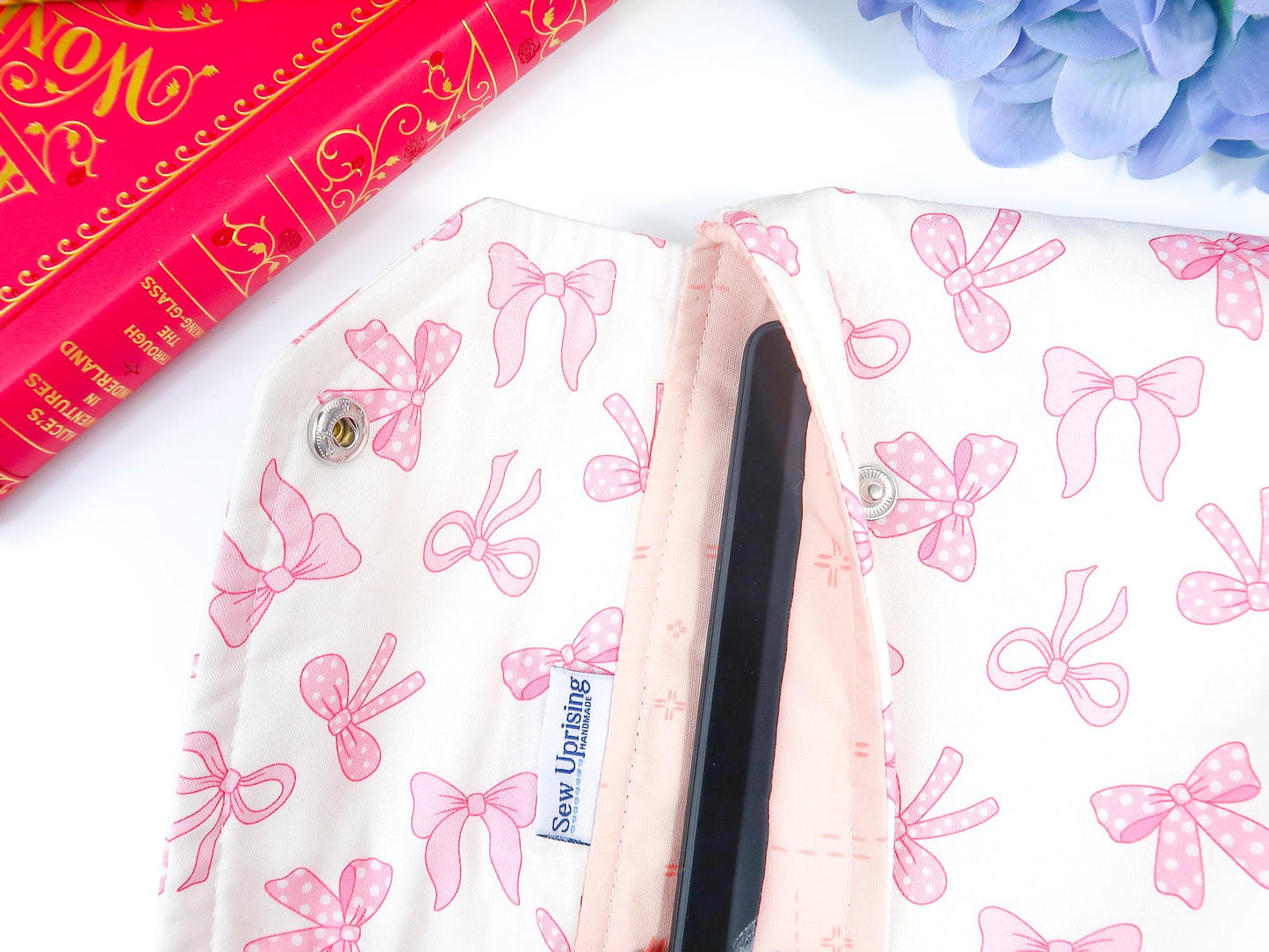 Protective padded book sleeve with secure double snap closure. Kindle Sleeve, Paperwhite, Oasis, Colorsoft, EReader Coquette pink bow