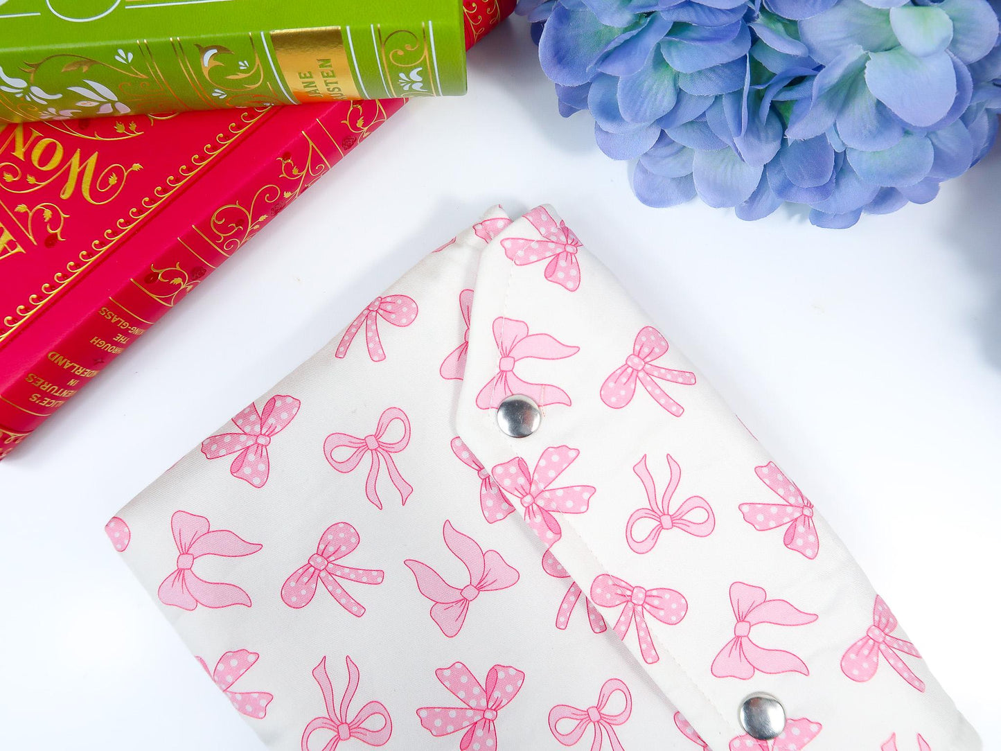 Protective padded book sleeve with secure double snap closure. Kindle Sleeve, Paperwhite, Oasis, Colorsoft, EReader Coquette pink bow