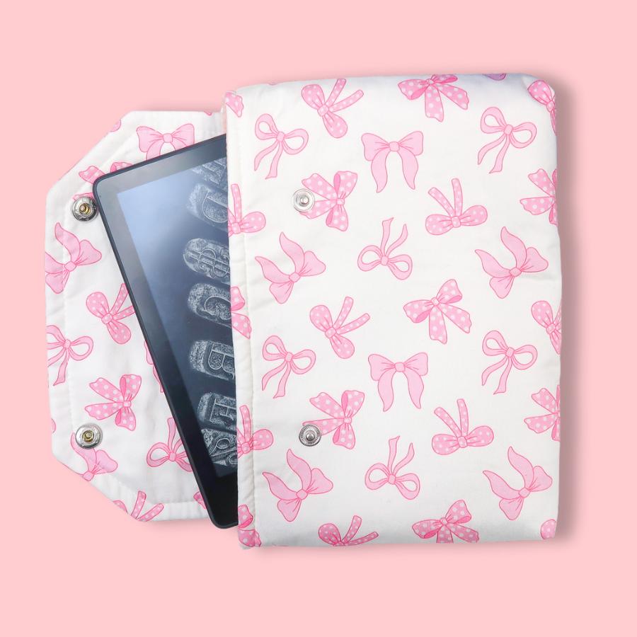 Protective padded book sleeve with secure double snap closure. Kindle Sleeve, Paperwhite, Oasis, Colorsoft, EReader Coquette pink bow