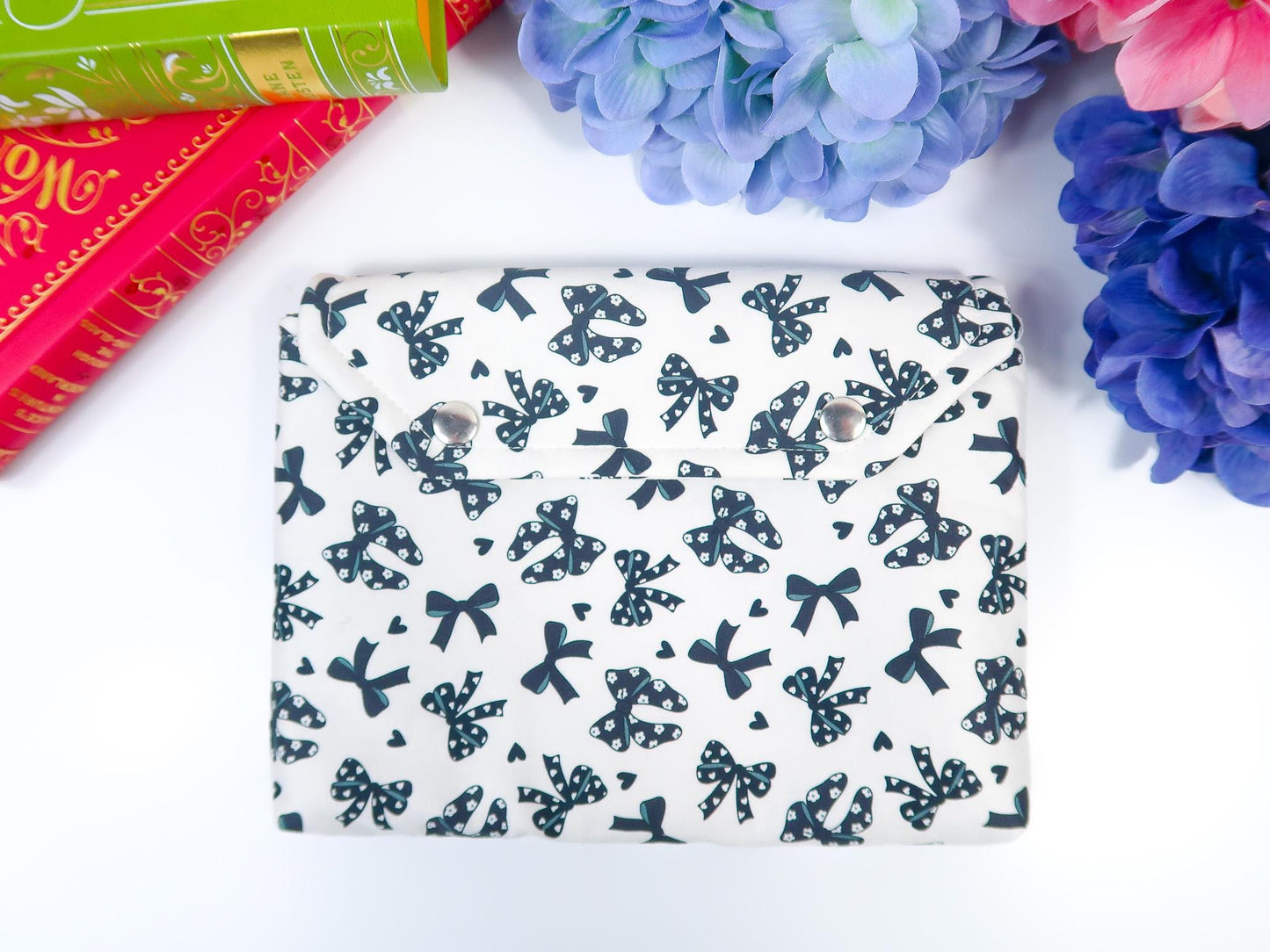 Protective padded book sleeve with secure double snap closure. Kindle Sleeve, Paperwhite, Oasis, Colorsoft, EReader Coquette black goth bow