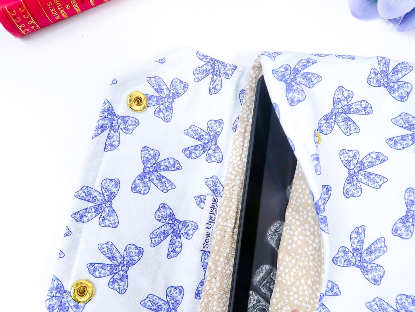 Protective padded book sleeve secure double snap closure. Kindle Sleeve, Paperwhite, Oasis, Colorsoft, EReader Coquette blue bow chinoiserie
