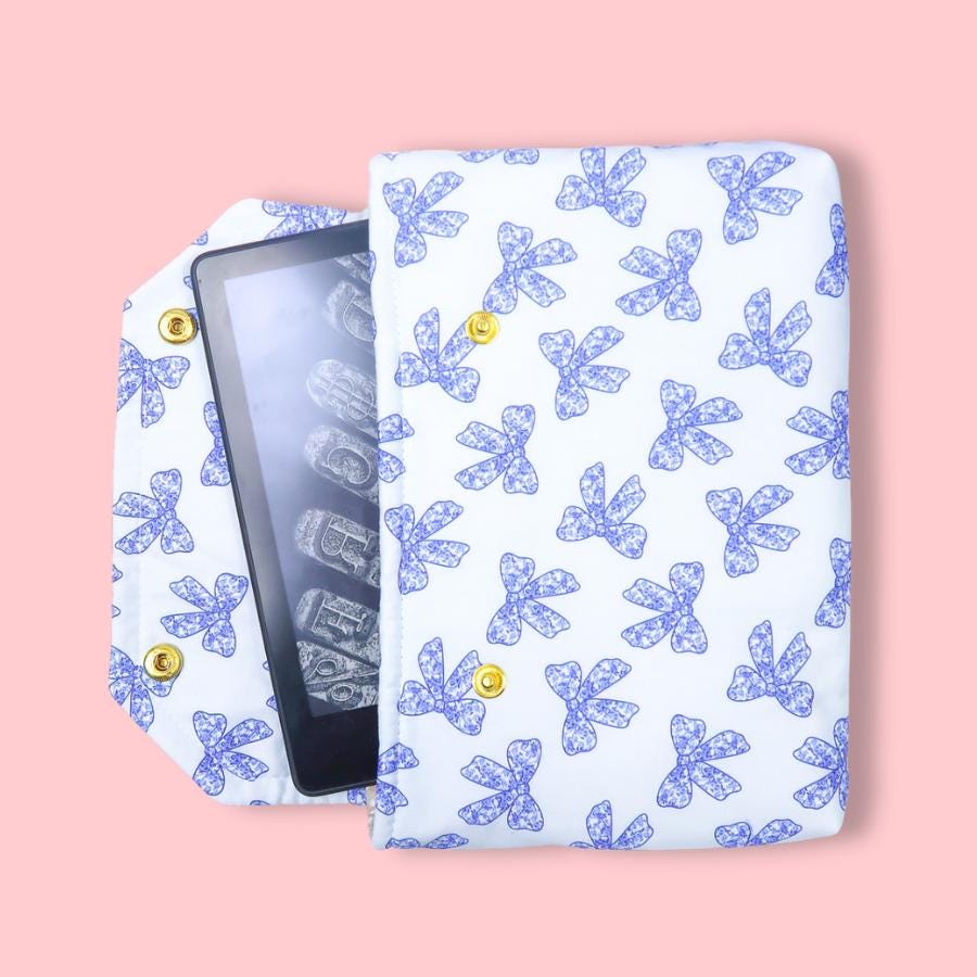 Protective padded book sleeve secure double snap closure. Kindle Sleeve, Paperwhite, Oasis, Colorsoft, EReader Coquette blue bow chinoiserie