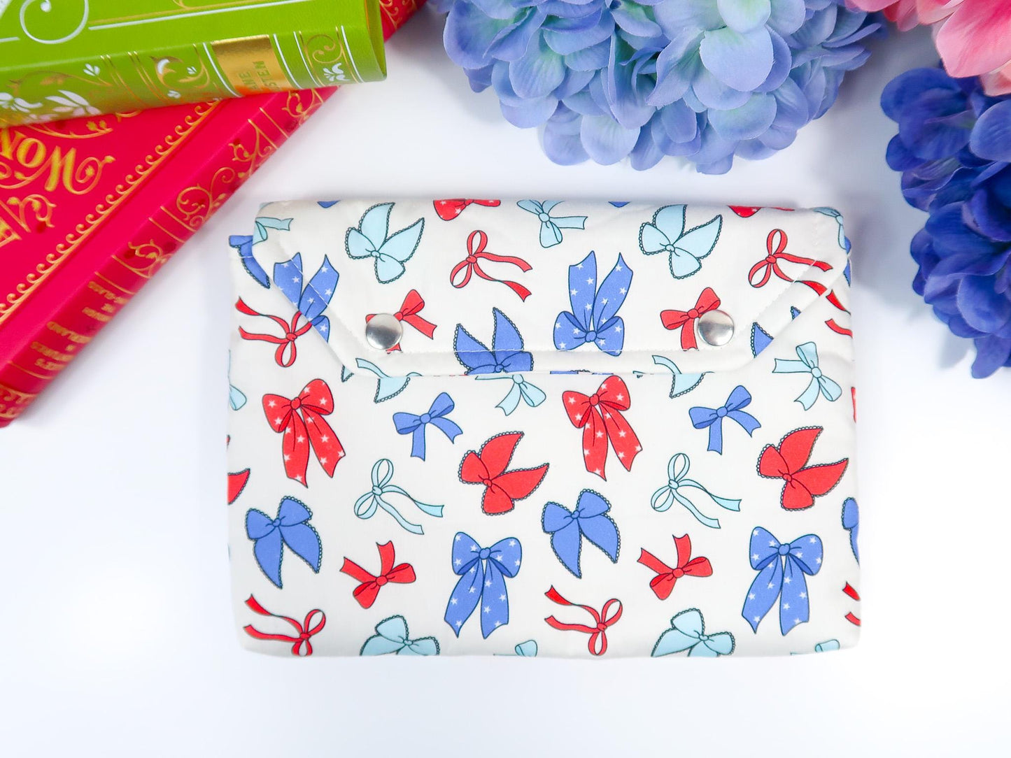 Protective padded book sleeve secure double snap closure. Kindle Sleeve, Paperwhite Oasis, Colorsoft, EReader Coquette red blue bow american