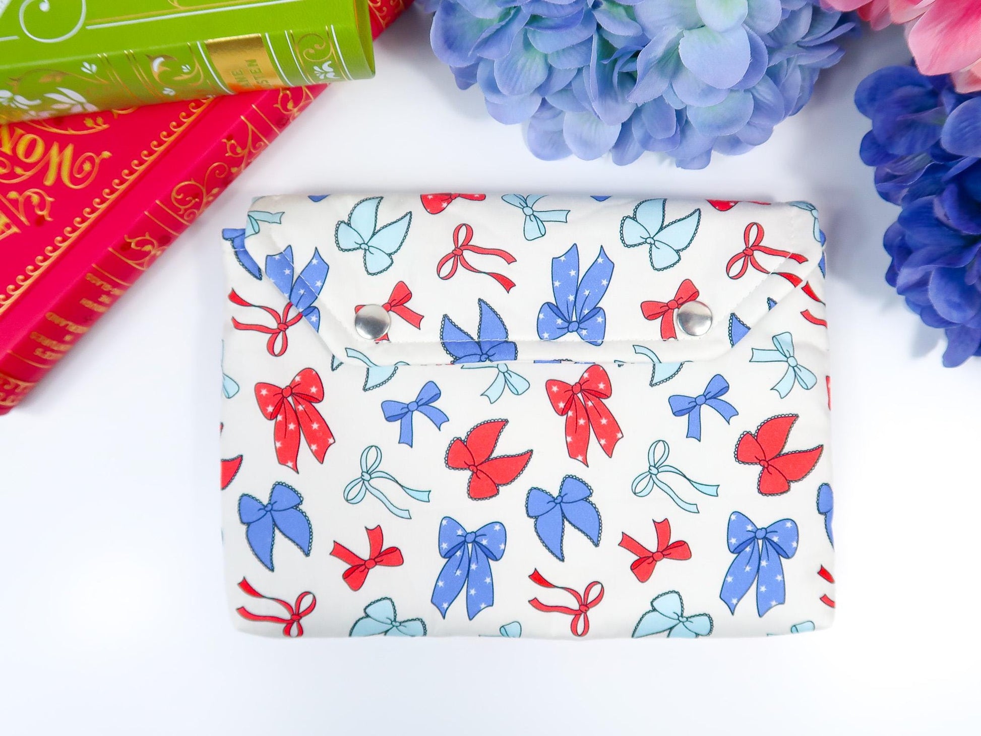 Protective padded book sleeve secure double snap closure. Kindle Sleeve, Paperwhite Oasis, Colorsoft, EReader Coquette red blue bow american