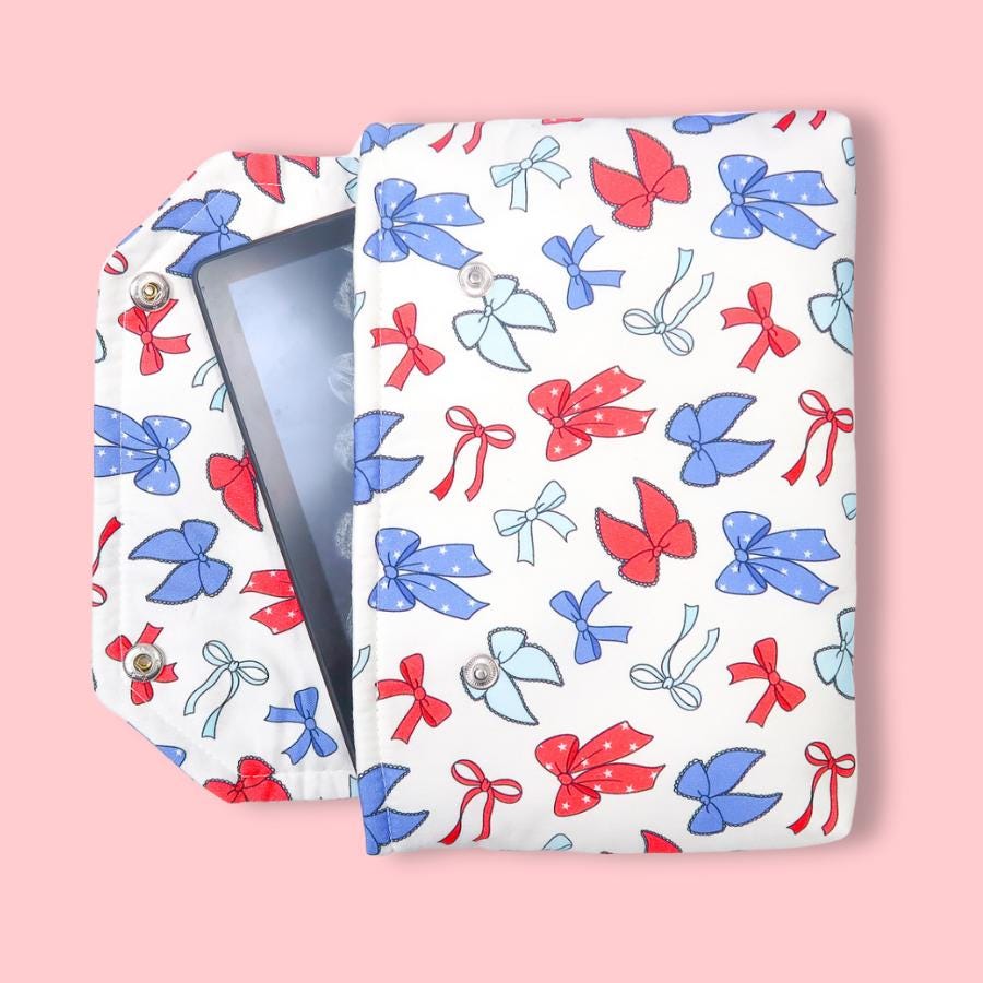 Protective padded book sleeve secure double snap closure. Kindle Sleeve, Paperwhite Oasis, Colorsoft, EReader Coquette red blue bow american