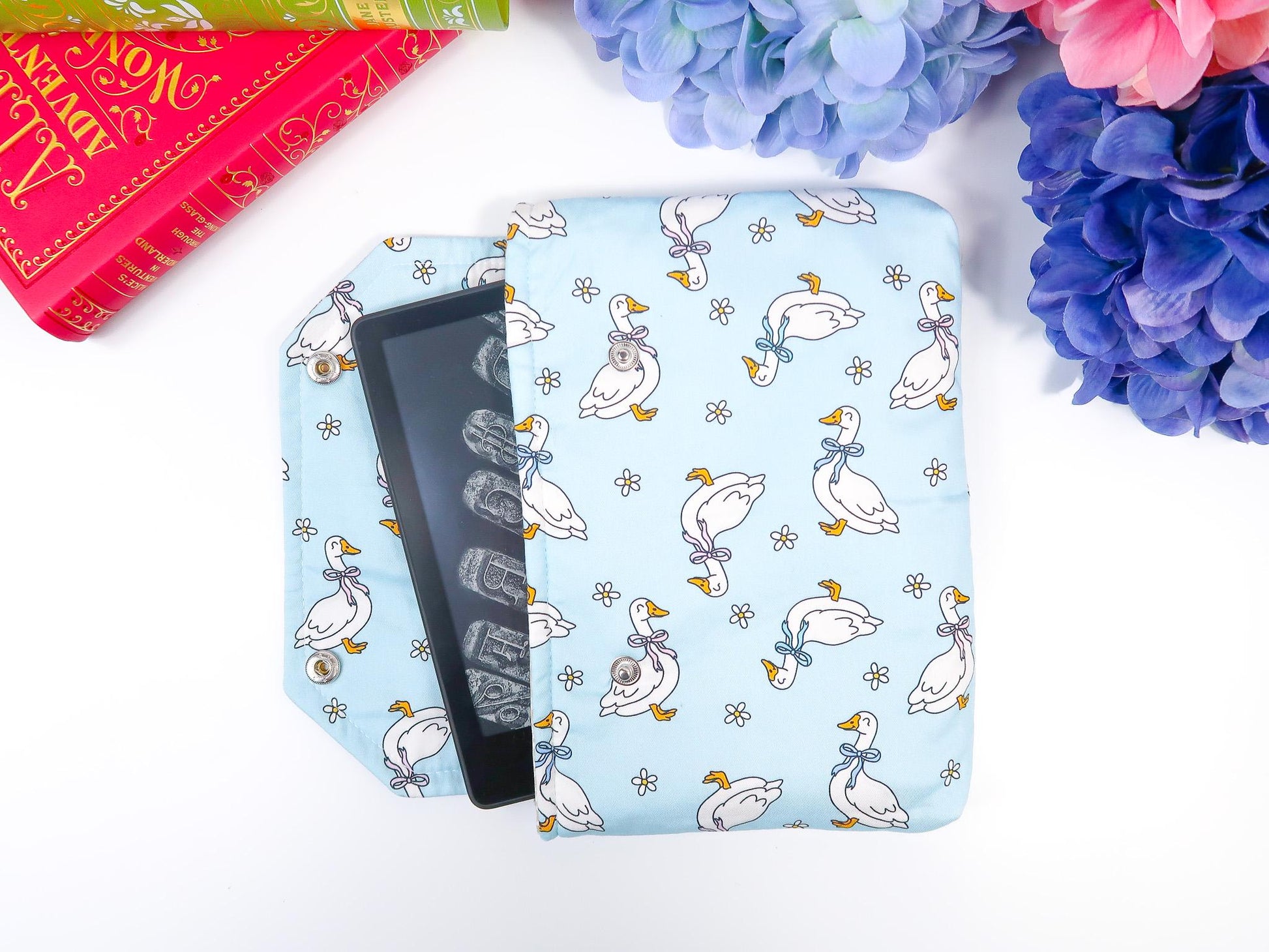 Protective padded book sleeve secure double snap closure. Kindle Sleeve, Paperwhite, Oasis, Colorsoft, EReader Coquette silly goose duck