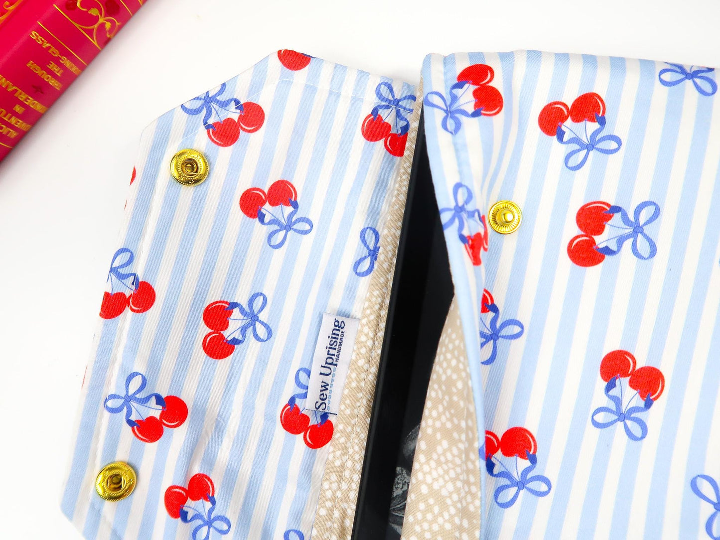 Protective padded book sleeve secure double snap closure. Kindle Sleeve, Paperwhite Oasis, Colorsoft, EReader cherry red blue bow american