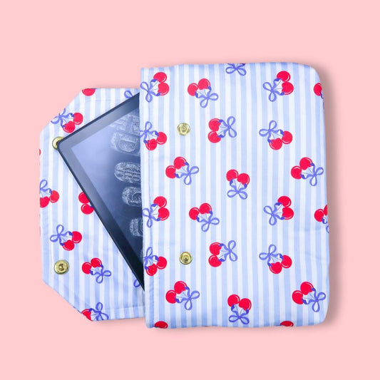 Protective padded book sleeve secure double snap closure. Kindle Sleeve, Paperwhite Oasis, Colorsoft, EReader cherry red blue bow american