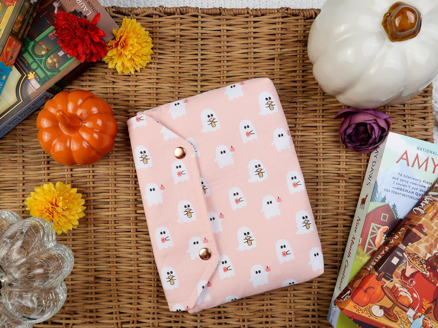 Protective envelope booksleeve snap closure Full coverage book sleeve padding Protective kindle case for fall halloween Pink ghost Coffee