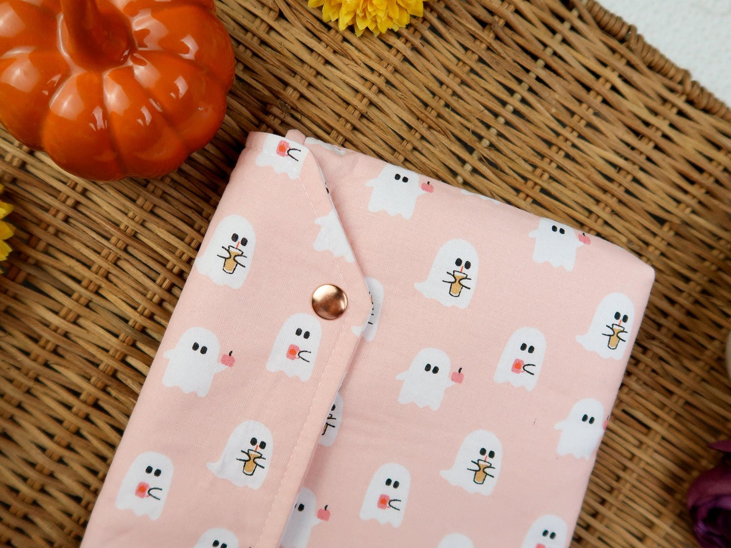 Protective envelope booksleeve snap closure Full coverage book sleeve padding Protective kindle case for fall halloween Pink ghost Coffee