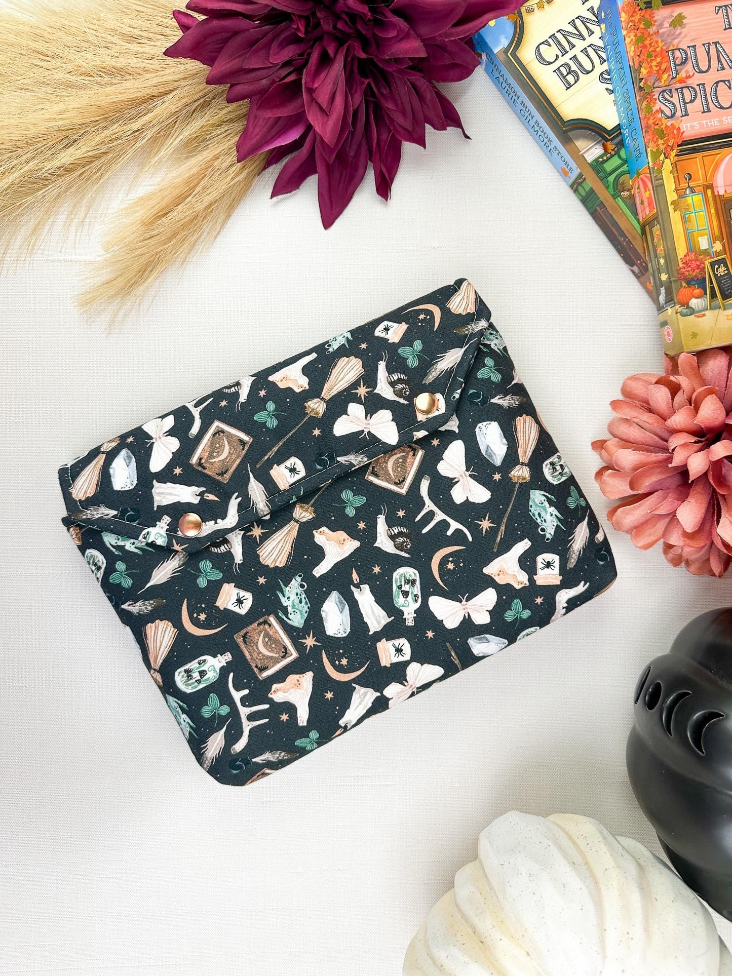 Spell Caster Fall Halloween padded protective book sleeve with secure snap closure for paperbacks hardcovers and e-readers like kindle