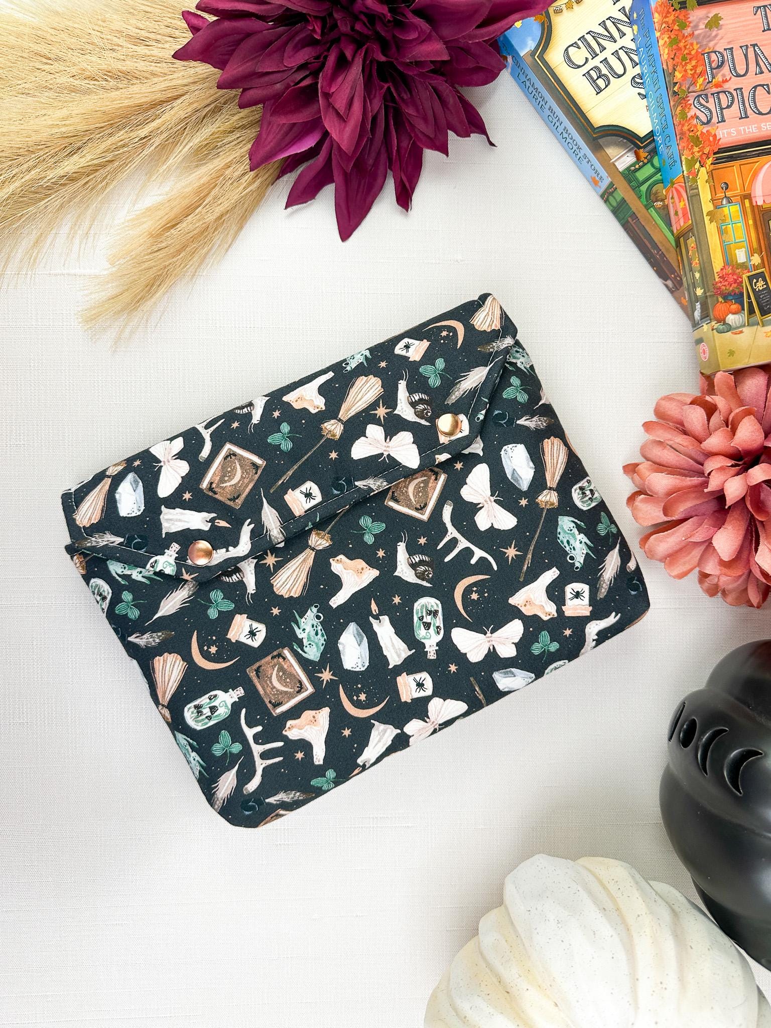 Spell Caster Fall Halloween padded protective book sleeve with secure snap closure for paperbacks hardcovers and e-readers like kindle