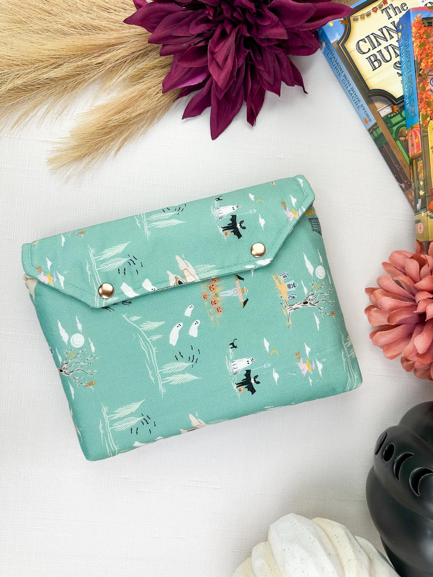 Haunted Stroll Fall Halloween padded protective book sleeve with secure snap closure