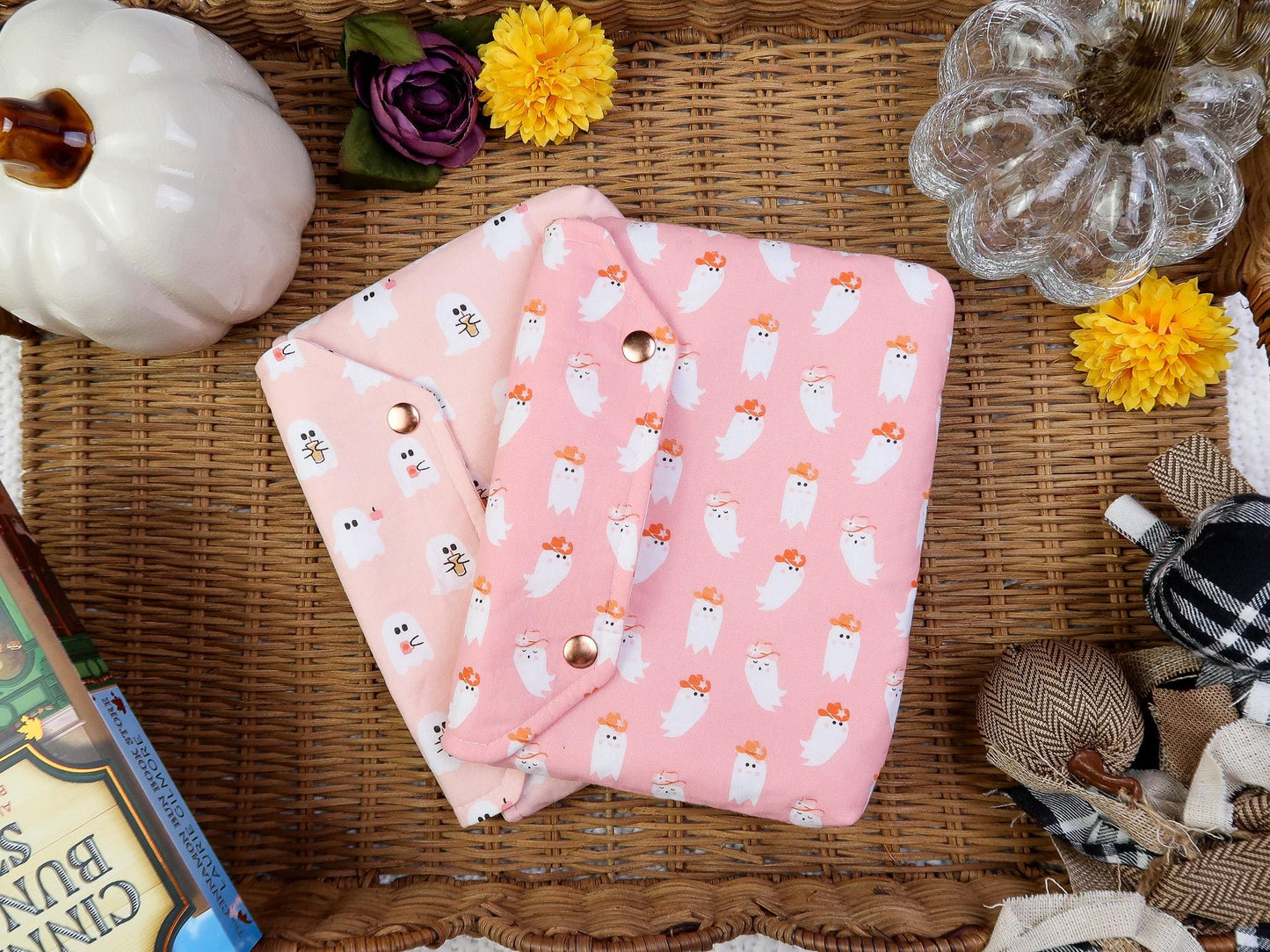 Protective envelope booksleeve snap closure Full coverage book sleeve padding Protective kindle case for fall halloween Pink ghost Coffee