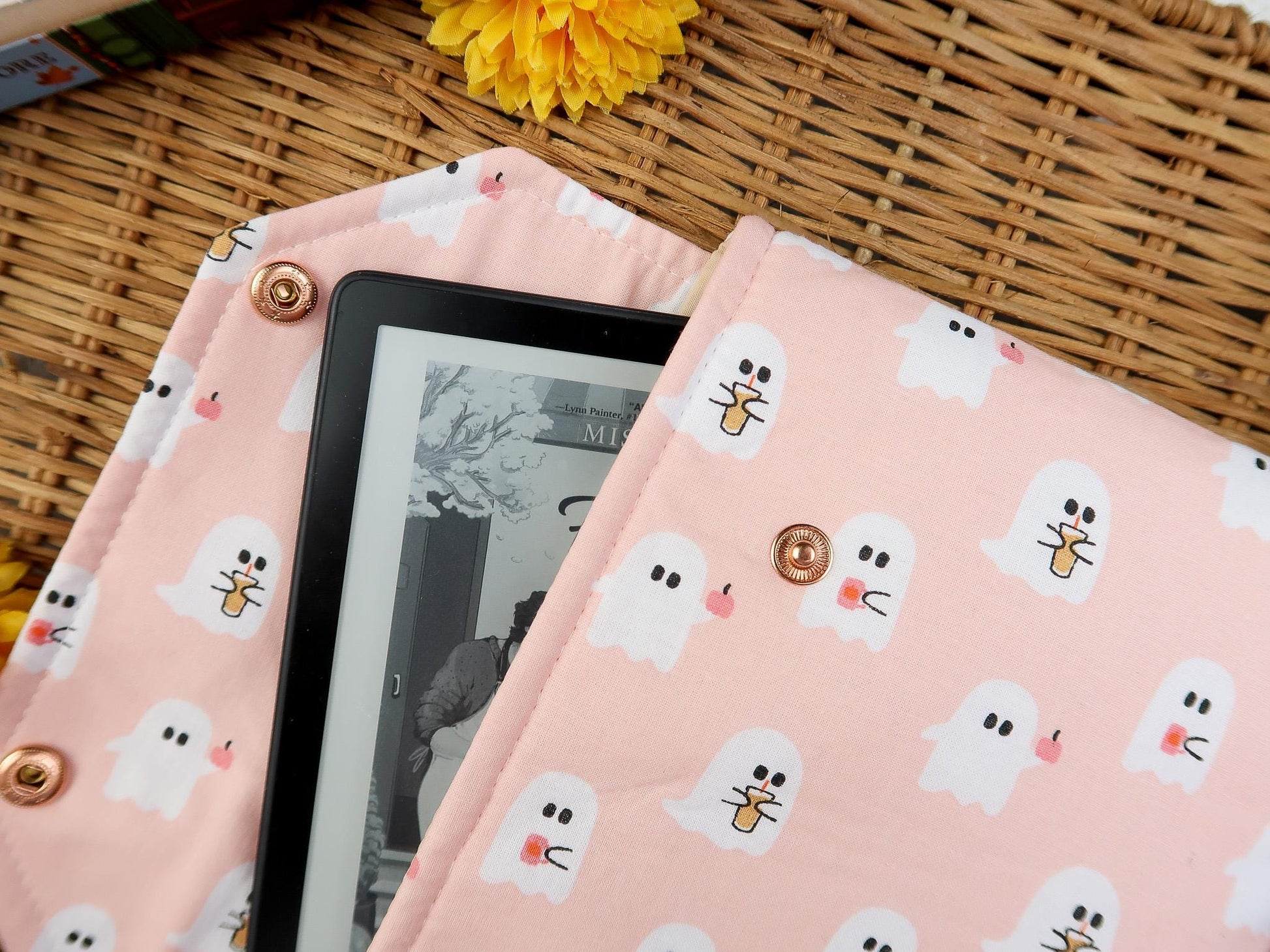 Protective envelope booksleeve snap closure Full coverage book sleeve padding Protective kindle case for fall halloween Pink ghost Coffee
