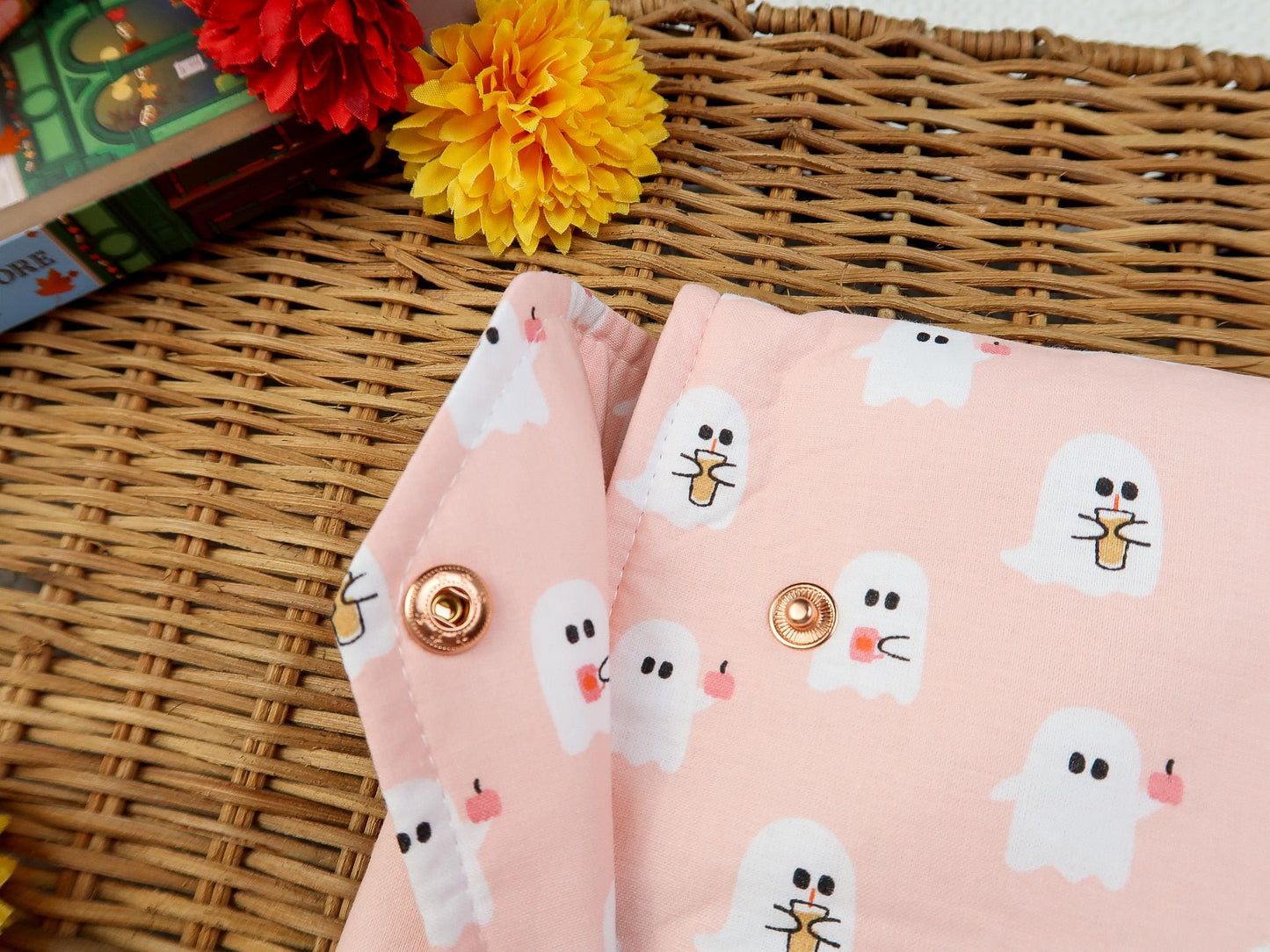 Protective envelope booksleeve snap closure Full coverage book sleeve padding Protective kindle case for fall halloween Pink ghost Coffee