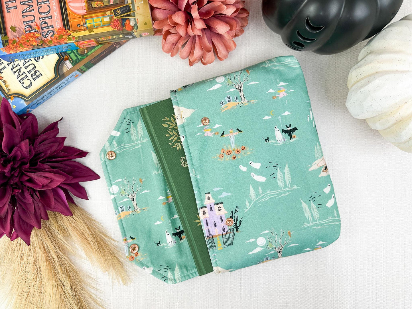 Haunted Stroll Fall Halloween padded protective book sleeve with secure snap closure