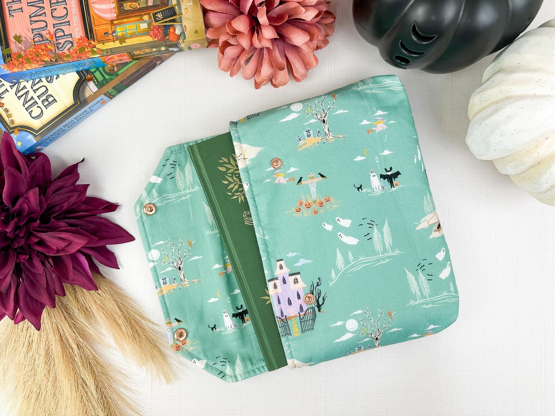 Haunted Stroll Fall Halloween padded protective book sleeve with secure snap closure